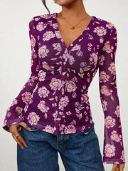 Women's Bohemian Garden Flower Ruched Button Top