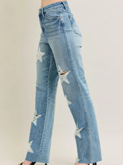 Women's Ripped Star Pattern Straight-Leg Denim Pants