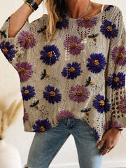 Women's Batwing Sleeve Print Hollow-Out Knit Top