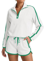 Women's Half-Zip Long Sleeve Top & Shorts Casual Two-Piece Set