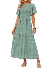 Women's 2026 Summer Casual Floral Print Short Flutter Sleeve Flowy Maxi Dress