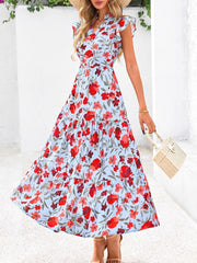 Women's Boho Print V Neck Ruffle Maxi Dress