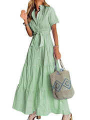 Women's Short Sleeve Striped Tie Waist Maxi Dress