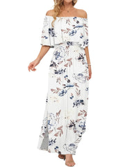Women's Off-Shoulder Ruffled Side-Slit Maxi Dress with Pockets