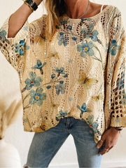 Women's Batwing Sleeve Print Hollow-Out Knit Top