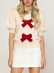 Women's Bow V-Neck Puff Sleeve Knit Top