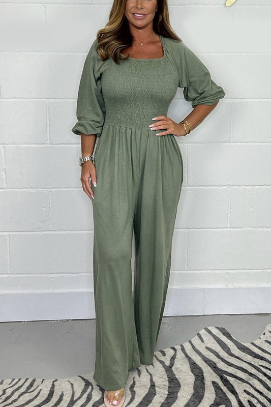 Women's 3/4 Sleeve Square Neckline Smocked Jumpsuit