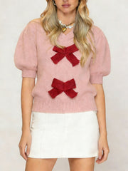 Women's Bow V-Neck Puff Sleeve Knit Top
