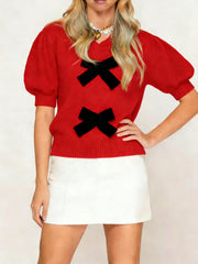 Women's Bow V-Neck Puff Sleeve Knit Top
