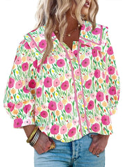 Women's Vibrant Floral Print Collar Blouse