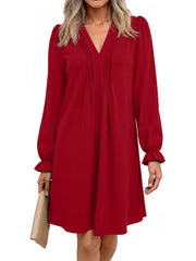 Women's V Neck Long Sleeve Ruffle Classic Dress
