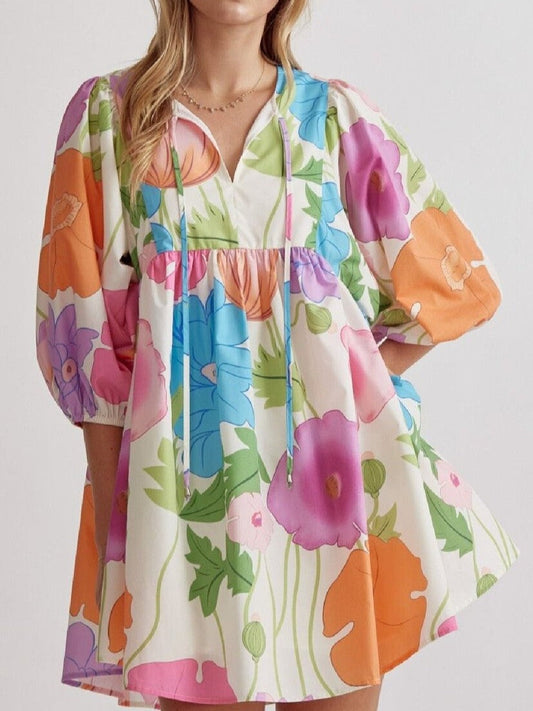 Women's Colorful Floral Half Sleeve Babydoll Dress