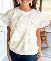 Women's Contrast Ribbon Bow Ruffle Sleeve Top