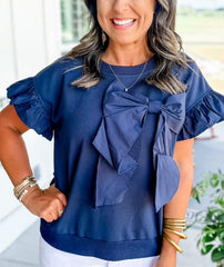 Women's Contrast Ribbon Bow Ruffle Sleeve Top