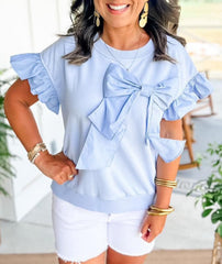 Women's Contrast Ribbon Bow Ruffle Sleeve Top