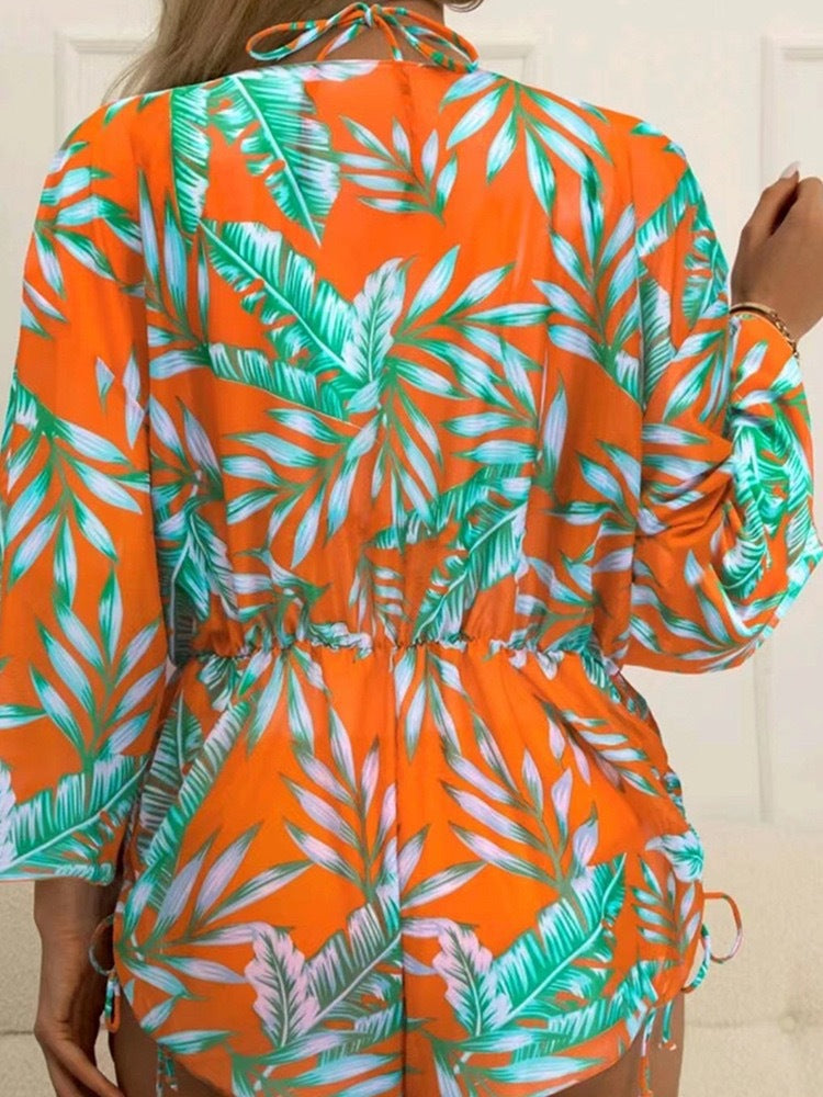Geometric Print Halter Bikini Swimsuit & Cover Up 3 Piece Set