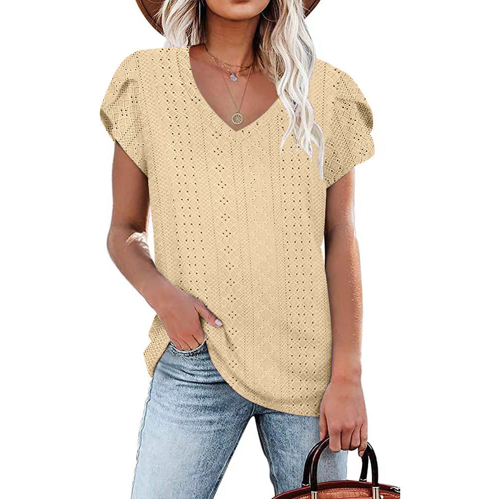 Solid color V-neck tile sleeve short-sleeved T-shirt