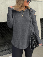 Cut Out Sleeve Raw Edge Solid Sweatshirt