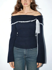 Women's Lace Bow Off-Shoulder Knit Top