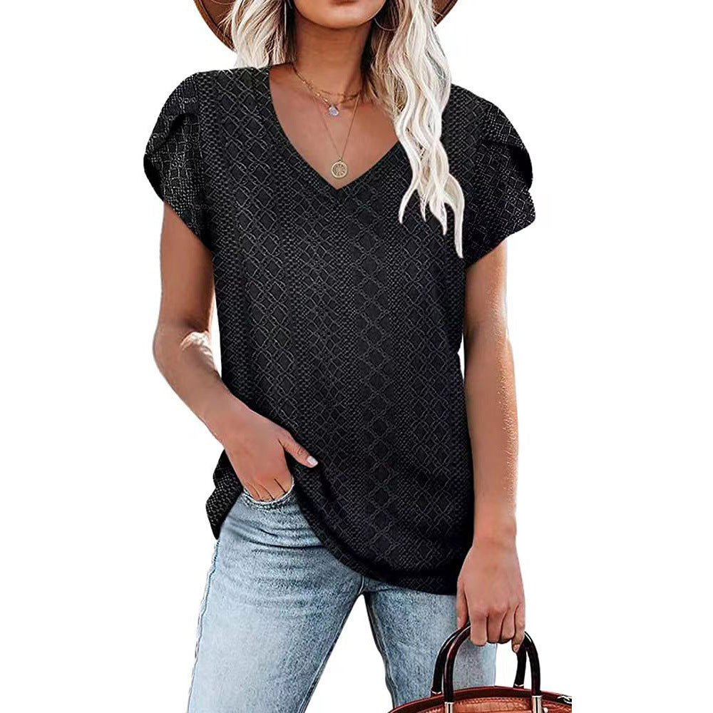 Solid color V-neck tile sleeve short-sleeved T-shirt