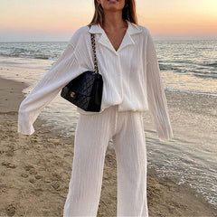 Causal Set Loose Button-Down Shirt and Pleated Wide Leg Pants