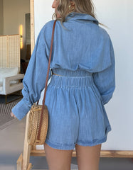 Long Sleeves Crop Shirt and Shorts Denim Set