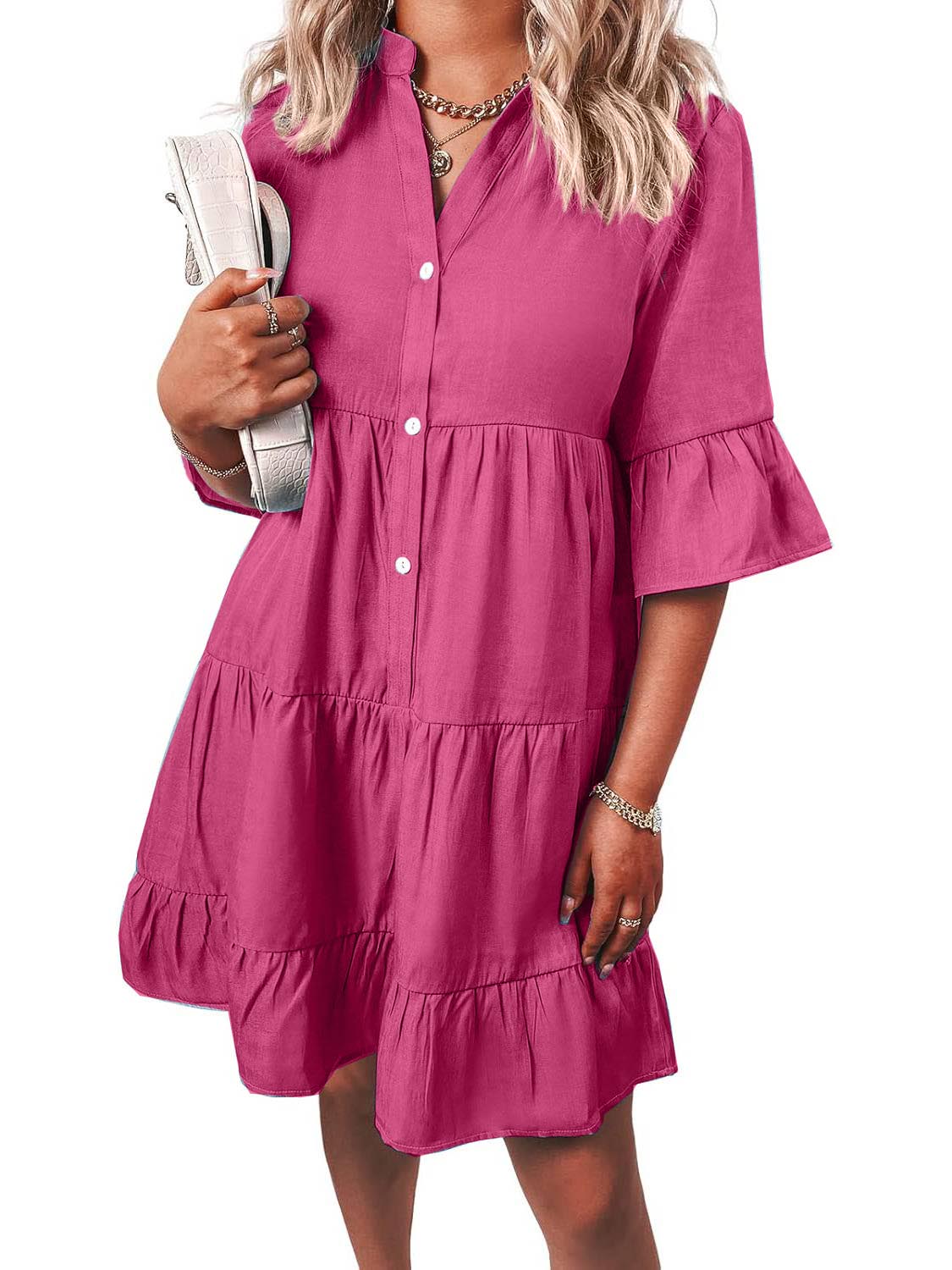 Women¡®s Casual V Neck Ruffle Short Sleeve Summer Dress