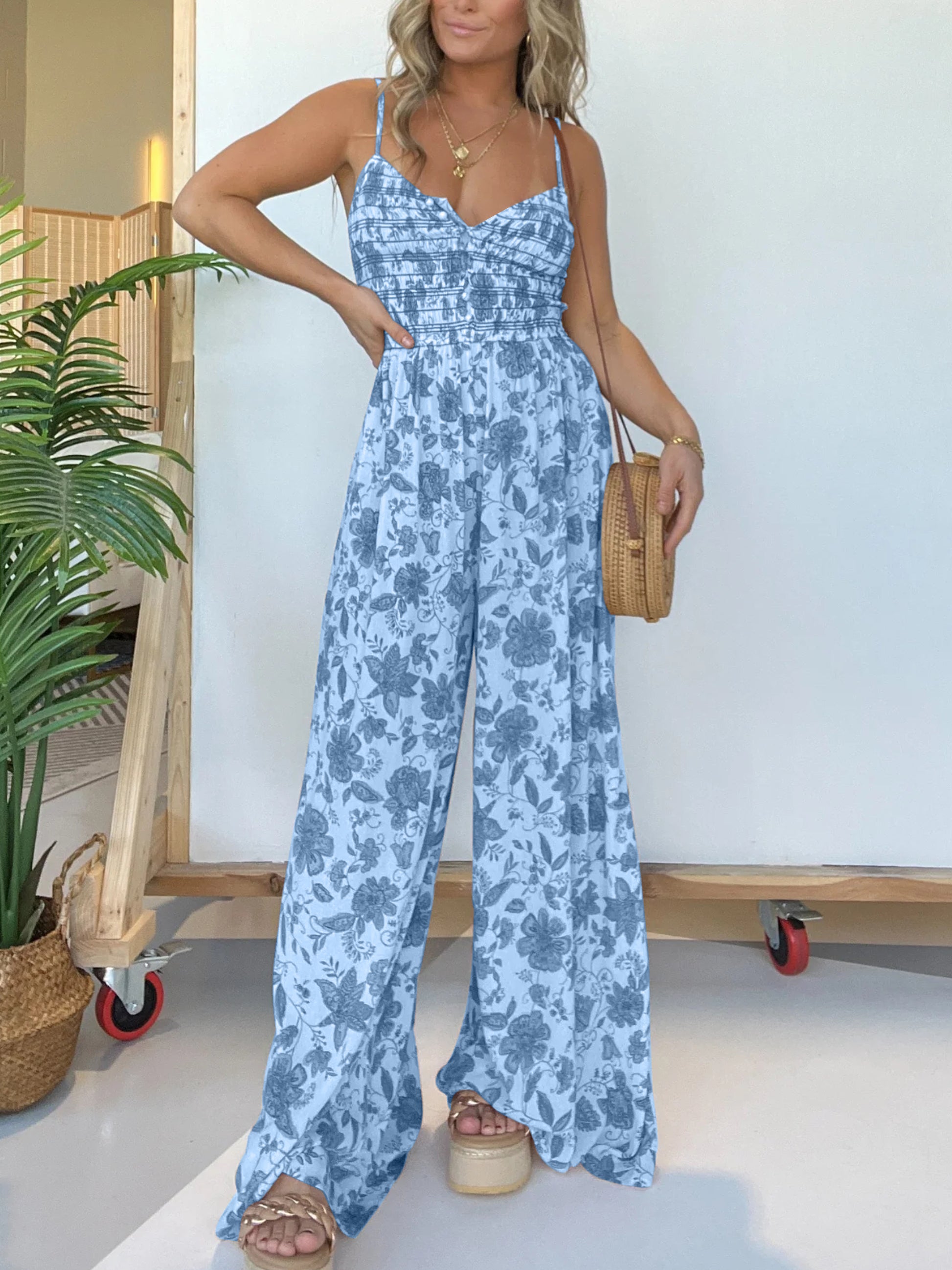Floral Suspender Wide-leg Jumpsuit