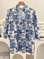Women's V-neck Ruffle Collar Printed Shirts