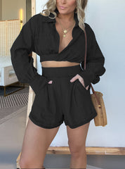 Long Sleeves Crop Shirt and Shorts Denim Set
