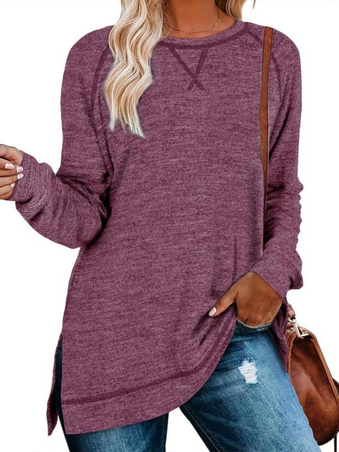 Women's Fall Side slit Long Sleeve Shirts Tunic Tops