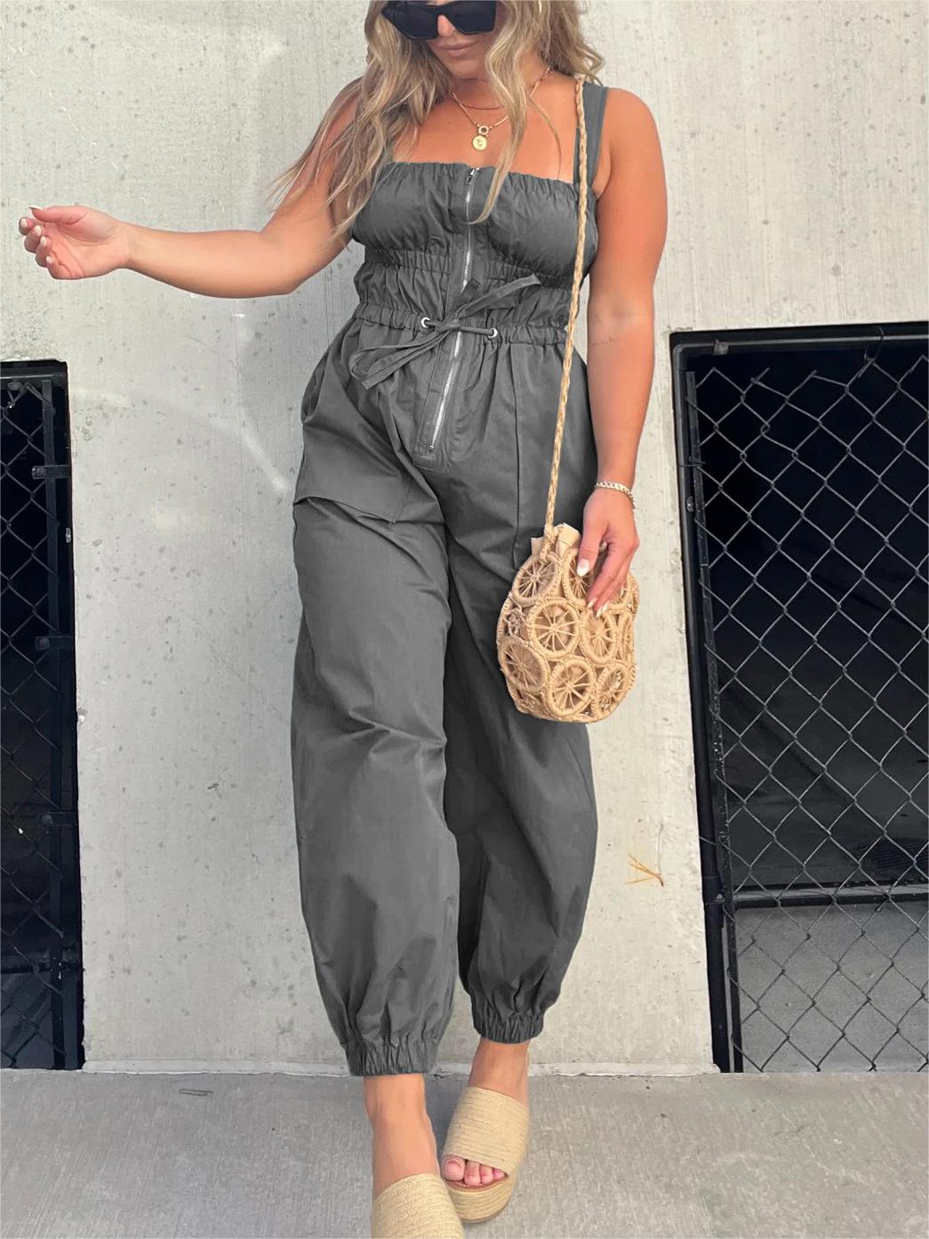 Ruched Elastic Front Zipper Cargo Jumpsuit