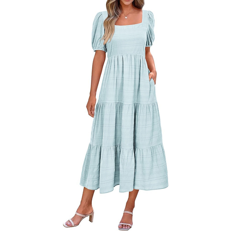 Puff Sleeve Smocked Flowy  Midi Dress
