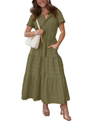 Women's V neck Ruched Spring/Summer Maxi Dress