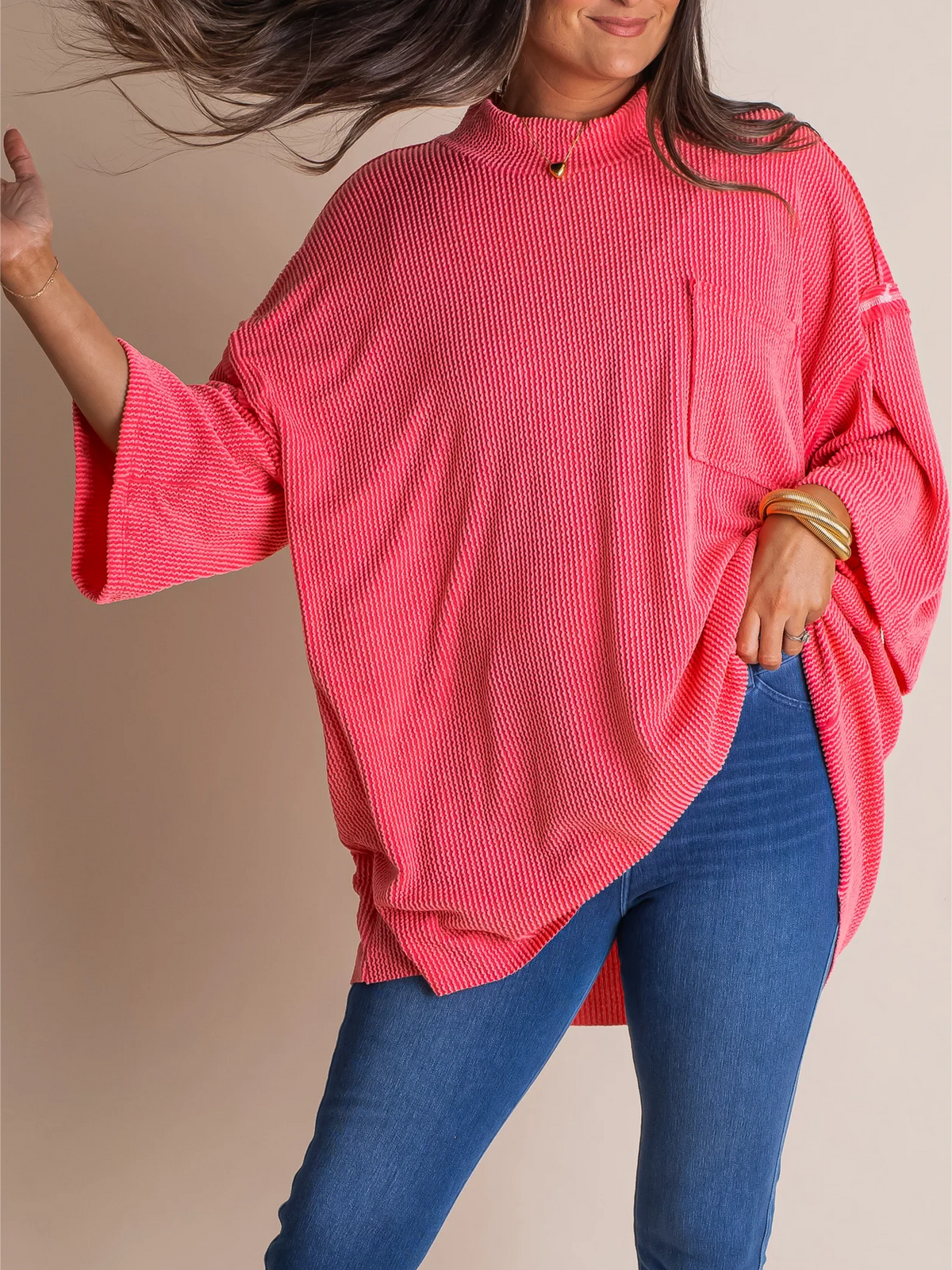 Oversize High Neck 3/4 Sleeve Urban Ribbed Tunic