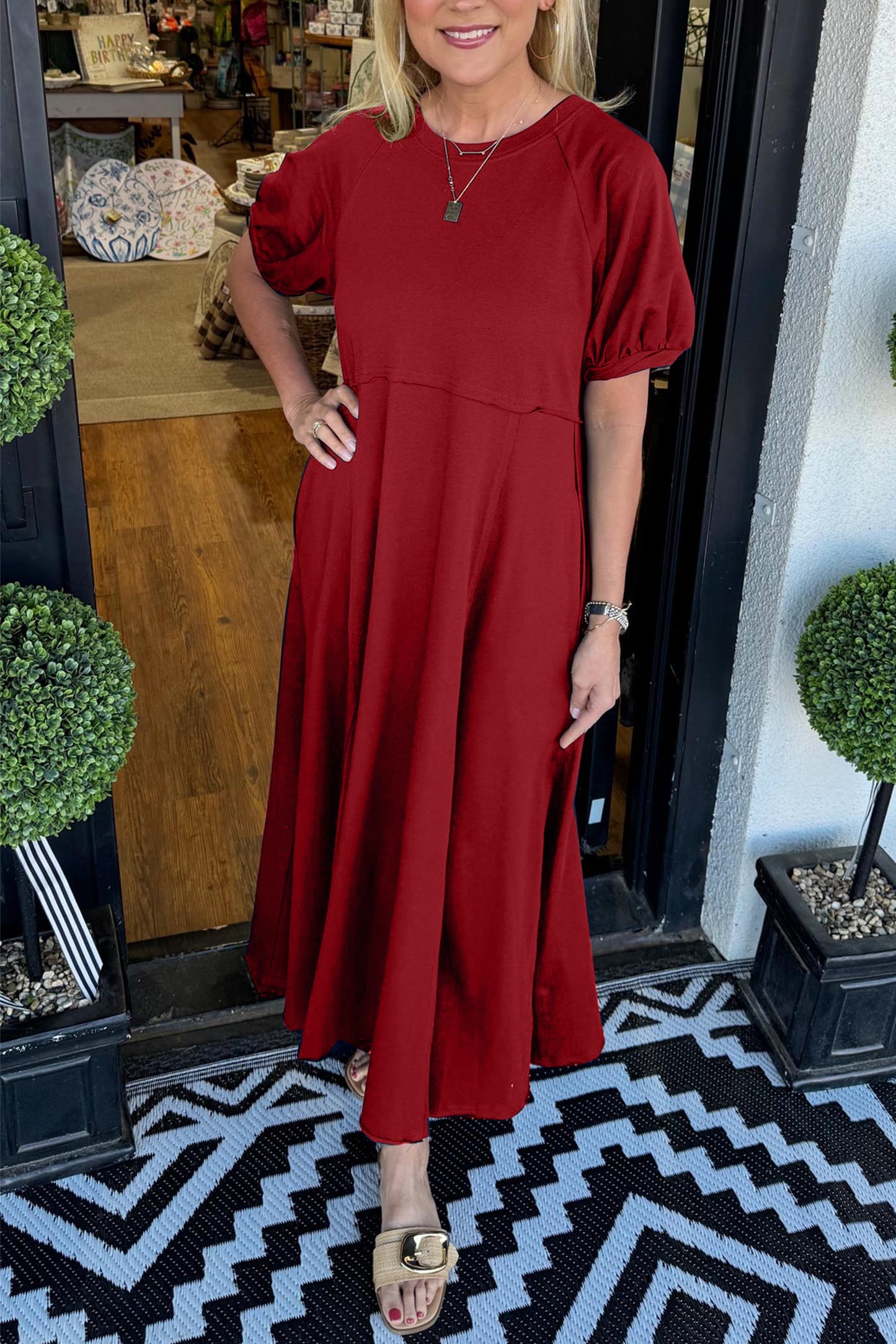 Women's Solid Puff Sleeve Long Dress With Pockets