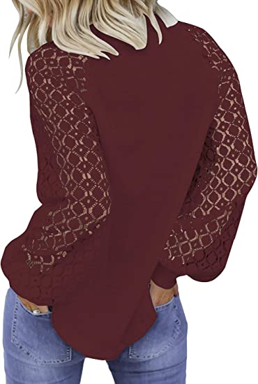 Round neck long sleeve lace splicing loose T-shirt