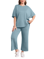 Women Oversized T-shirt and Wide Leg Crop Pants 2 Piece Sets