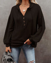 Button  Casual Loose Solid Color Closure Hoodie