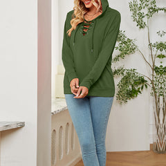 Solid Color Long Sleeve With Neckline Tie Hoodie