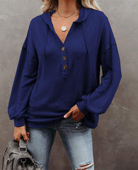 Button  Casual Loose Solid Color Closure Hoodie
