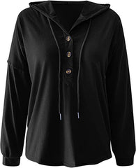 Button  Casual Loose Solid Color Closure Hoodie