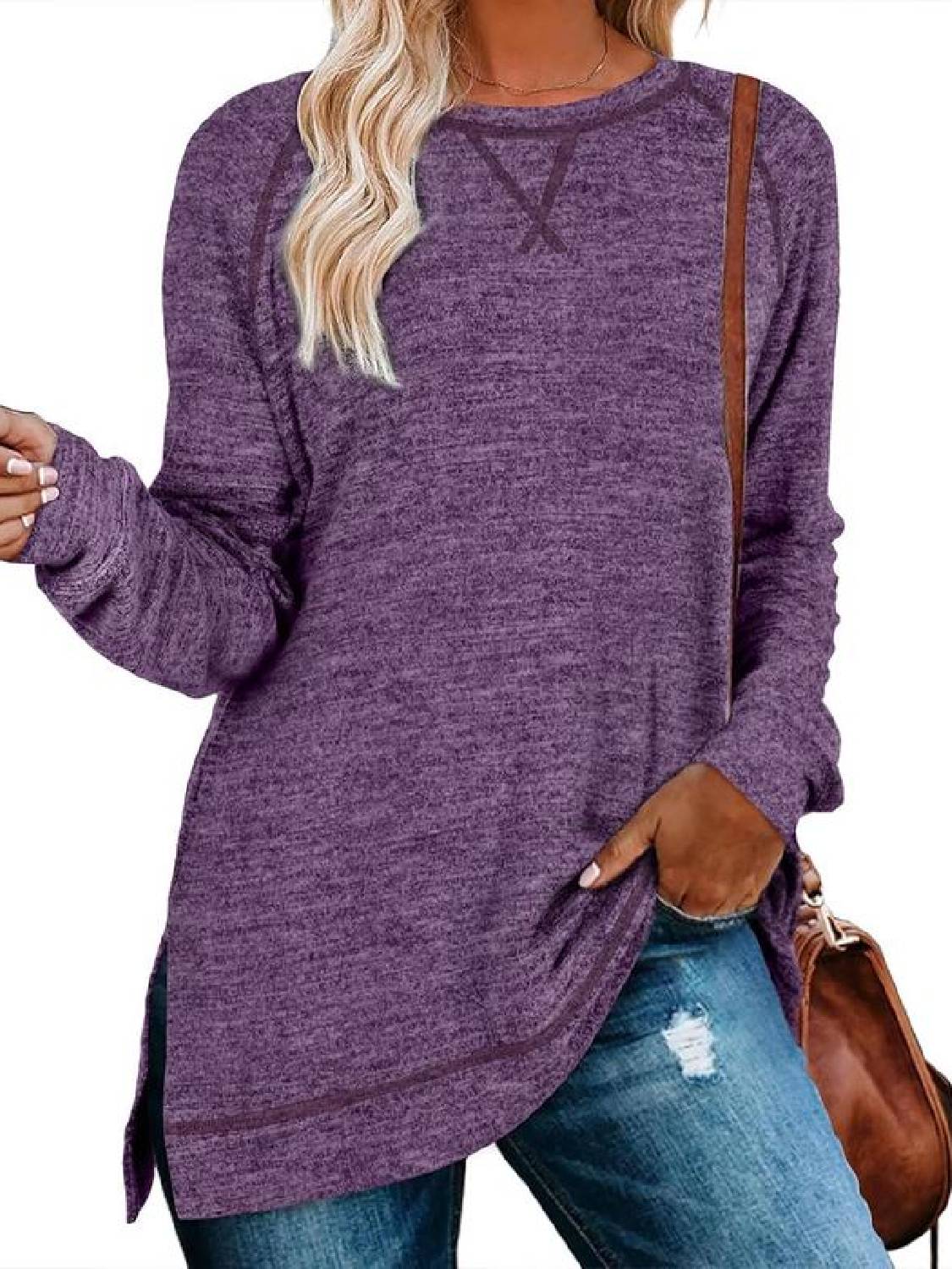 Women's Fall Side slit Long Sleeve Shirts Tunic Tops