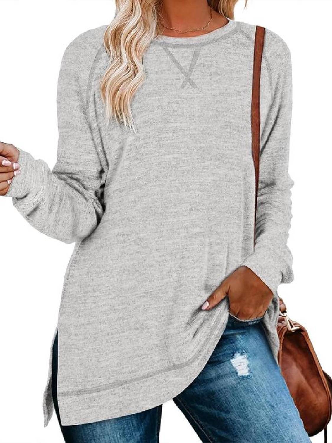 Women's Fall Side slit Long Sleeve Shirts Tunic Tops