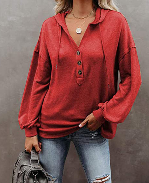 Button  Casual Loose Solid Color Closure Hoodie