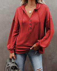 Button  Casual Loose Solid Color Closure Hoodie