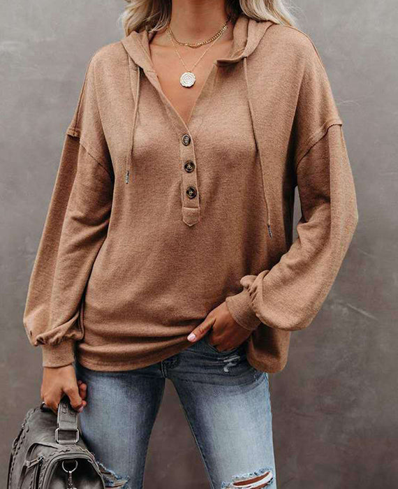 Button  Casual Loose Solid Color Closure Hoodie