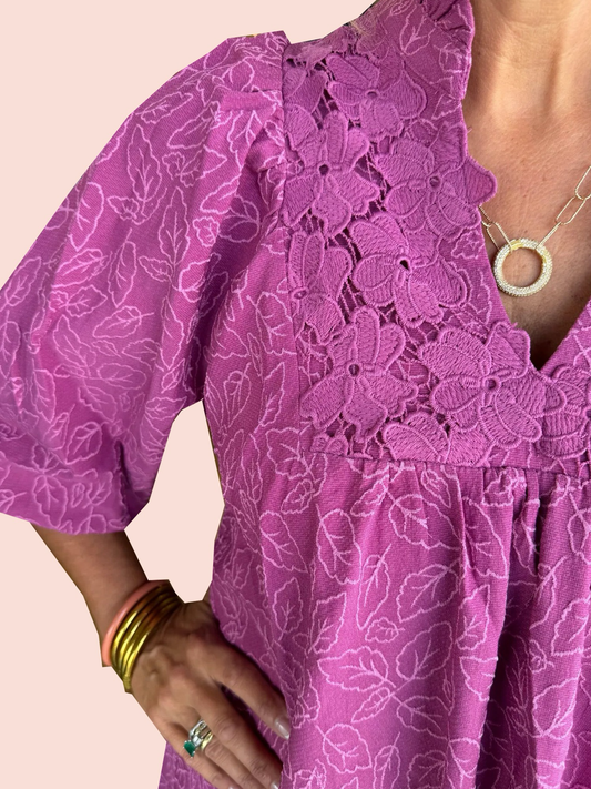 Women's Puff Sleeve Leaf Jacquard Mini Dress