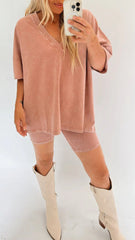 Women's Washed Short Sleeve and Cycling Shorts Set