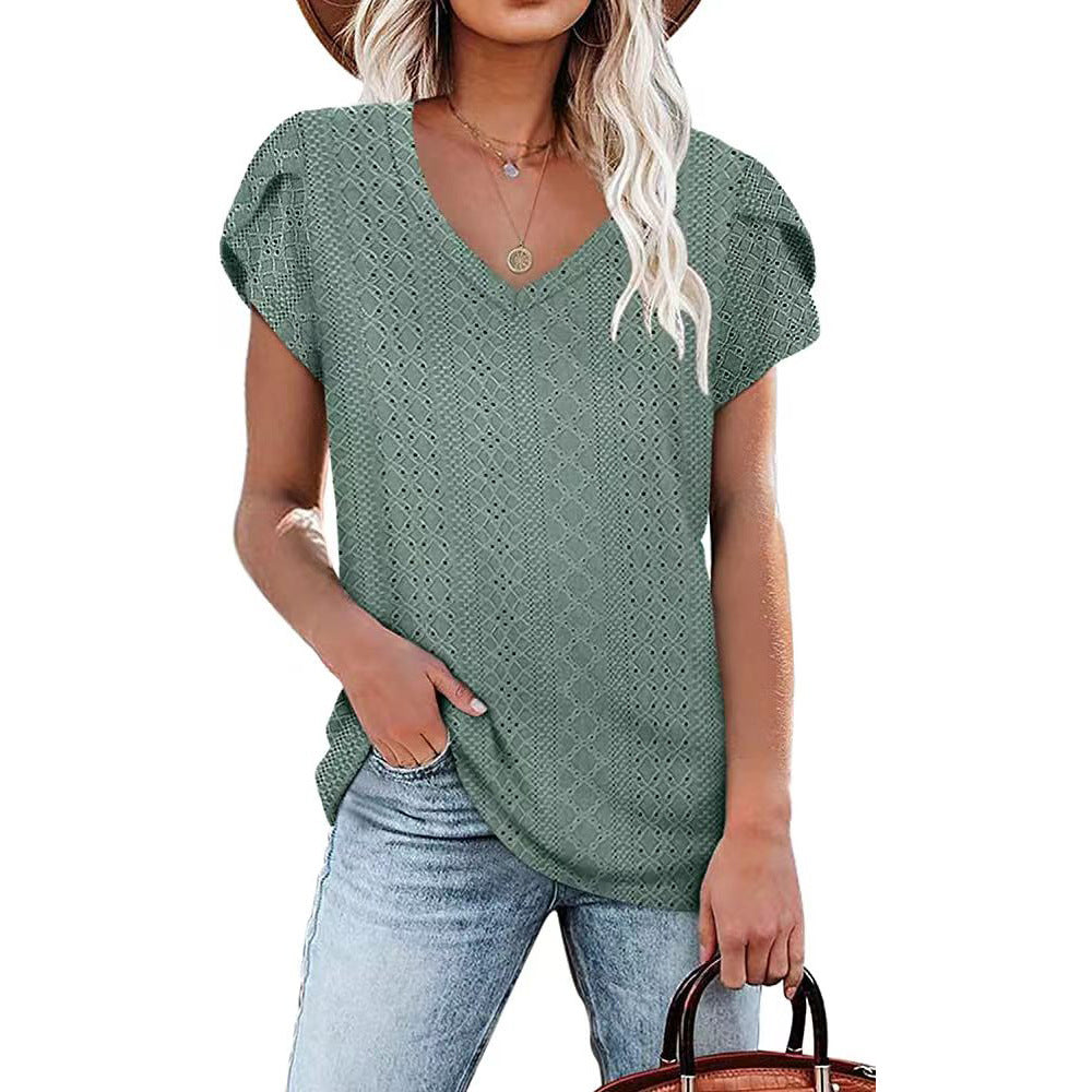 Solid color V-neck tile sleeve short-sleeved T-shirt